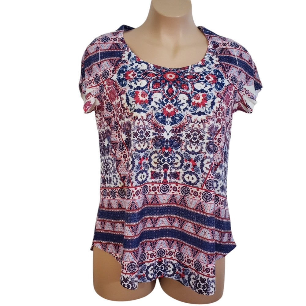 World Unity T-Shirt Top Women Sz XXL Red Blue Geometric Mandela Rhinestone